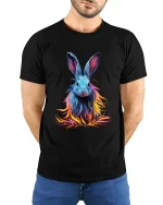 Colorful Neon Bunny T Shirt Vibrant Fantasy Rabbit Tee - model wearing black tee with hands behind back