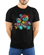 Colorful Patchwork Teddy Bear T Shirt Cute Vintage Toy Tee - model wearing black tee with hands behind back