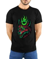 Neon Mystic Wolf Head T Shirt Dark Fantasy Graphic Tee - model wearing black tee with hands behind back