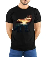 Majestic Wolf Sunset Landscape T Shirt Nature Art Tee - model wearing black tee with hands behind back