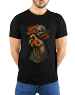 Dark Fantasy Skull Hand T Shirt Gothic Steampunk Art Tee - model wearing black tee with hands behind back