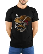 Cowboy Skull With Cigar T Shirt Wild West Graphic Tee - model wearing black tee with hands behind back