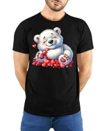 Cute Polar Bear Hugging Hearts T Shirt Adorable Love Tee - model wearing black tee with hands behind back