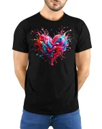 Colorful Paint Splash Heart T Shirt Vibrant Love Art Tee - model wearing black tee with hands behind back