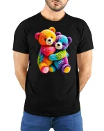 Rainbow Teddy Bears Hug T Shirt Cute Colorful Plush Tee - model wearing black tee with hands behind back