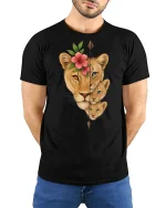 Lioness and Cubs Floral Spirit T Shirt Wildlife Family Tee - model wearing black tee with hands behind back