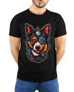Steampunk Border Collie Dog T Shirt Cool Mechanical Art Tee - model wearing black tee with hands behind back