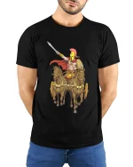 Spartan Warrior Chariot T Shirt Epic Ancient Greek Hero Tee - model wearing black tee with hands behind back