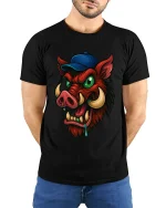 Funny Wild Boar With Cap T Shirt Crazy Cartoon Hog Tee - model wearing black tee with hands behind back