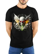 Gothic Skull With Wings T Shirt Dark Fantasy Graphic Tee - model wearing black tee with hands behind back