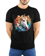 Majestic Horse With Horseshoe T Shirt Elegant Western Art Tee - model wearing black tee with hands behind back