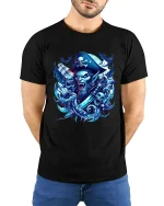 Undead Pirate Skull Captain T Shirt Dark Fantasy Graphic Tee - model wearing black tee with hands behind back