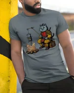 Funny Samurai Cat Roasting Mouse T Shirt Cute Ninja Tee - model wearing grey tee, leaning on column