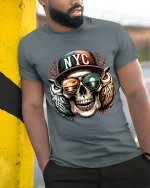 NYC Skull With Owls T Shirt Urban Street Art Graphic Tee - model wearing grey tee, leaning on column