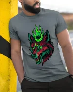 Neon Mystic Wolf Head T Shirt Dark Fantasy Graphic Tee - model wearing grey tee, leaning on column