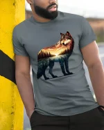 Majestic Wolf Sunset Landscape T Shirt Nature Art Tee - model wearing grey tee, leaning on column