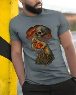 Dark Fantasy Skull Hand T Shirt Gothic Steampunk Art Tee - model wearing grey tee, leaning on column