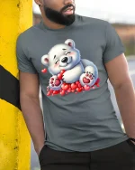 Cute Polar Bear Hugging Hearts T Shirt Adorable Love Tee - model wearing grey tee, leaning on column