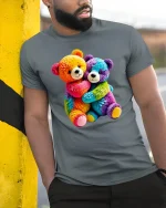 Rainbow Teddy Bears Hug T Shirt Cute Colorful Plush Tee - model wearing grey tee, leaning on column