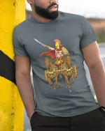 Spartan Warrior Chariot T Shirt Epic Ancient Greek Hero Tee - model wearing grey tee, leaning on column