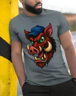 Funny Wild Boar With Cap T Shirt Crazy Cartoon Hog Tee - model wearing grey tee, leaning on column