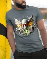 Gothic Skull With Wings T Shirt Dark Fantasy Graphic Tee - model wearing grey tee, leaning on column