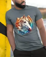 Majestic Horse With Horseshoe T Shirt Elegant Western Art Tee - model wearing grey tee, leaning on column