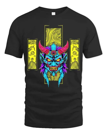 Neon Demon Oni Mask Graphic T-Shirt Streetwear Style - black t-shirt on white background