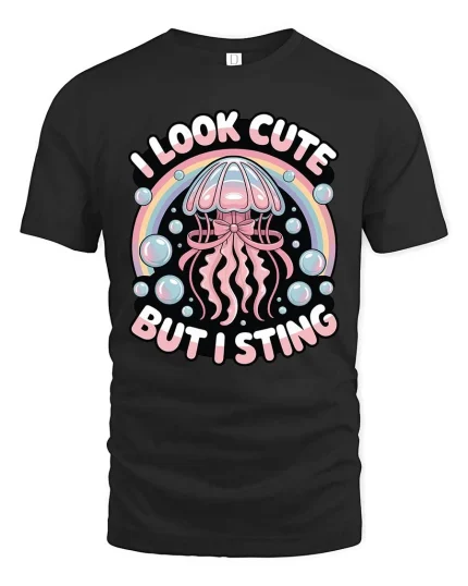 Cute Jellyfish Graphic T-Shirt Funny Ocean Rainbow Tee - black t-shirt on white background