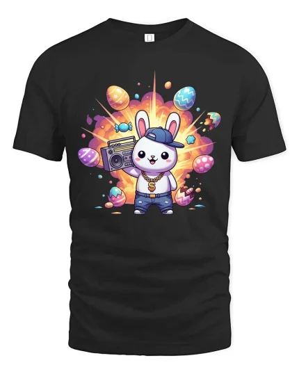 Cool Bunny Graphic T-Shirt Hip Hop Easter Streetwear Tee - black t-shirt on white background