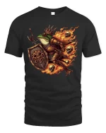 Frog Knight Warrior Graphic T-Shirt Dark Fantasy Fire Tee - black t-shirt on white background