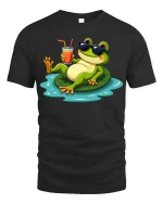 Cool Frog Pool Party Graphic T-Shirt Funny Summer Tee - black t-shirt on white background