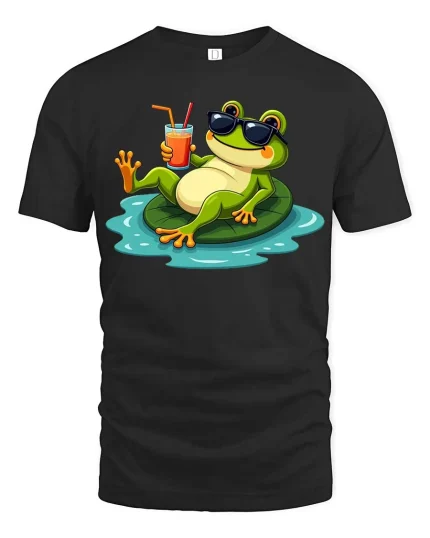 Cool Frog Pool Party Graphic T-Shirt Funny Summer Tee - black t-shirt on white background