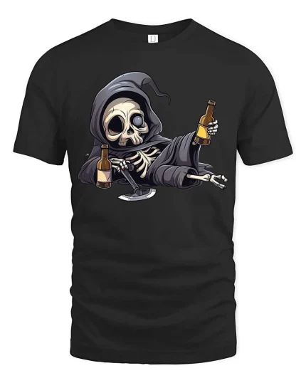 Funny Grim Reaper Drinking Graphic T-Shirt Dark Humor Tee - black t-shirt on white background