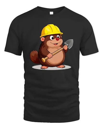 Cute Beaver Builder Graphic T-Shirt Funny Construction Tee - black t-shirt on white background