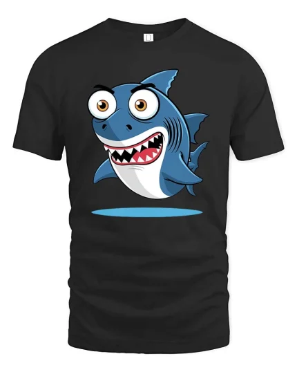 Funny Cartoon Shark Graphic T-Shirt Cute Ocean Style Tee - black t-shirt on white background