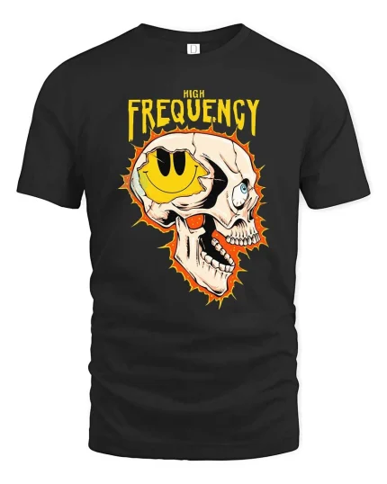 High Frequency Skull Graphic T-Shirt Edgy Streetwear Tee - black t-shirt on white background