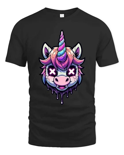 Dark Unicorn Graphic T-Shirt Neon Drip Fantasy Style Tee - black t-shirt on white background