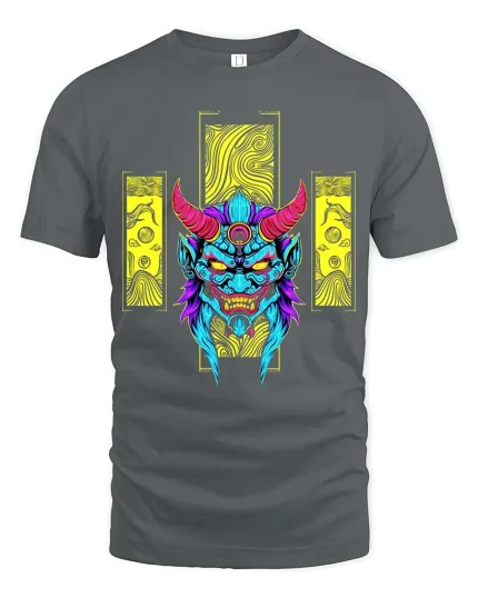 Neon Demon Oni Mask Graphic T-Shirt Streetwear Style - gray t-shirt on white background