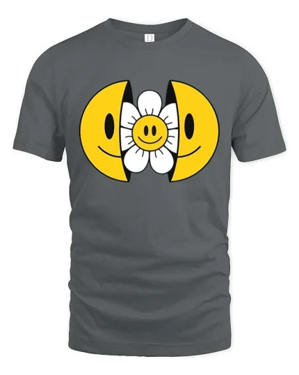 Smiley Daisy Graphic T-Shirt Cute Retro Happy Face Tee - gray t-shirt on white background