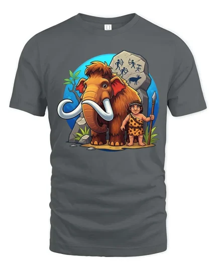 Cute Mammoth Caveman Graphic T-Shirt Prehistoric Fun Tee - gray t-shirt on white background