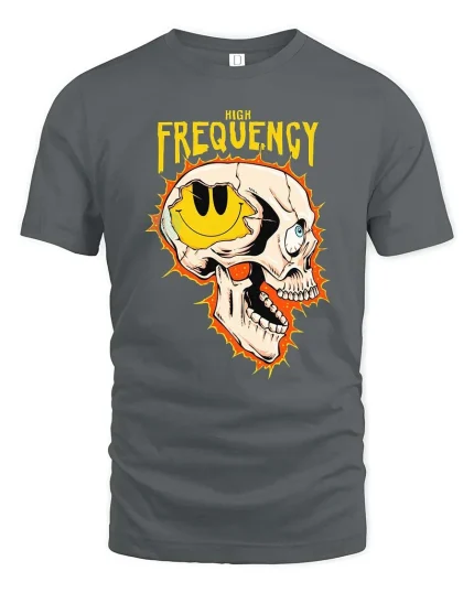 High Frequency Skull Graphic T-Shirt Edgy Streetwear Tee - gray t-shirt on white background