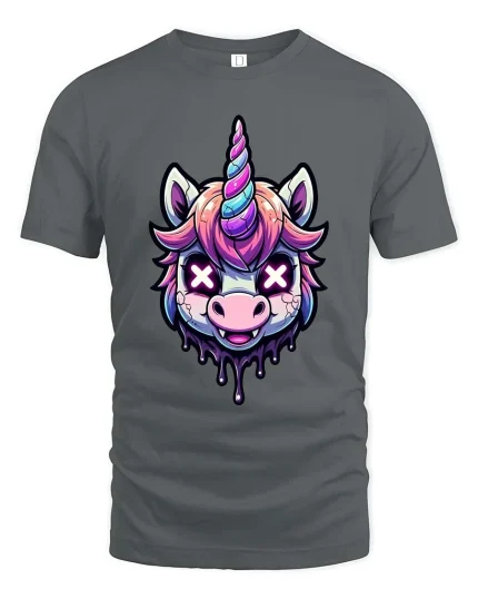Dark Unicorn Graphic T-Shirt Neon Drip Fantasy Style Tee - gray t-shirt on white background