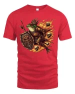 Frog Knight Warrior Graphic T-Shirt Dark Fantasy Fire Tee - red t-shirt on white background