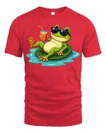 Cool Frog Pool Party Graphic T-Shirt Funny Summer Tee - red t-shirt on white background
