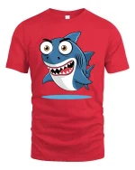 Funny Cartoon Shark Graphic T-Shirt Cute Ocean Style Tee - red t-shirt on white background