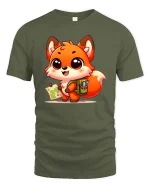 Cute Explorer Fox Graphic T-Shirt Kawaii Adventure Tee - military green t-shirt on white background