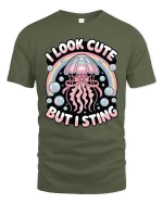 Cute Jellyfish Graphic T-Shirt Funny Ocean Rainbow Tee - military green t-shirt on white background
