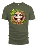 Cute Baby Sloth Graphic T-Shirt Kawaii Forest Animal Tee - military green t-shirt on white background