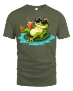 Cool Frog Pool Party Graphic T-Shirt Funny Summer Tee - military green t-shirt on white background